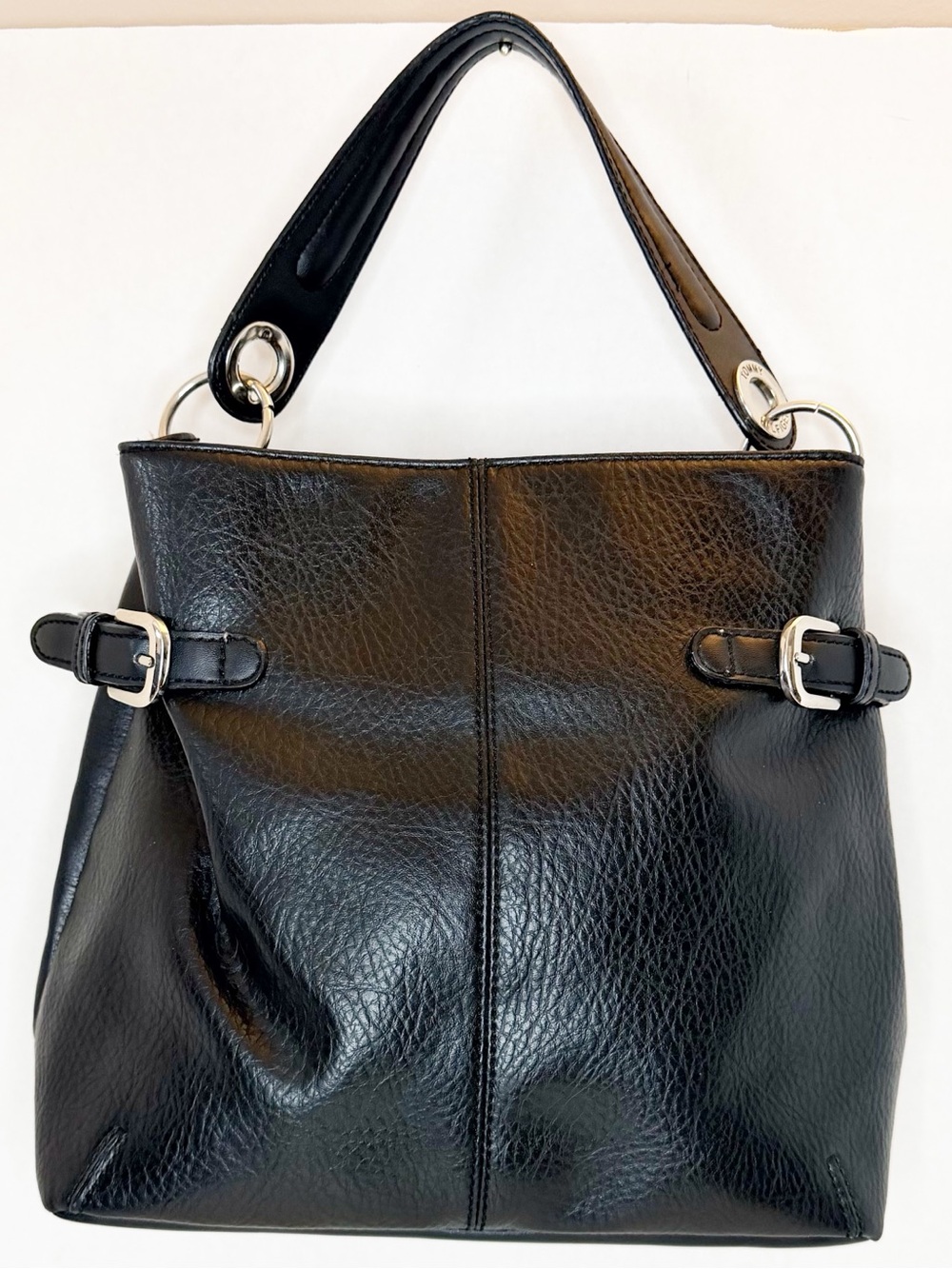 Vintage Tommy Hilfiger Hobo Black Leather Shoulder Bucket Bag w/Hot Pink Lining